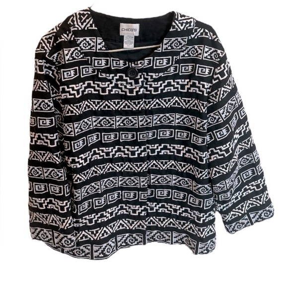 Chico’s Embroidered Jacket Lined Button Up Black & White Cotton Aztec Medium - Picture 1 of 3